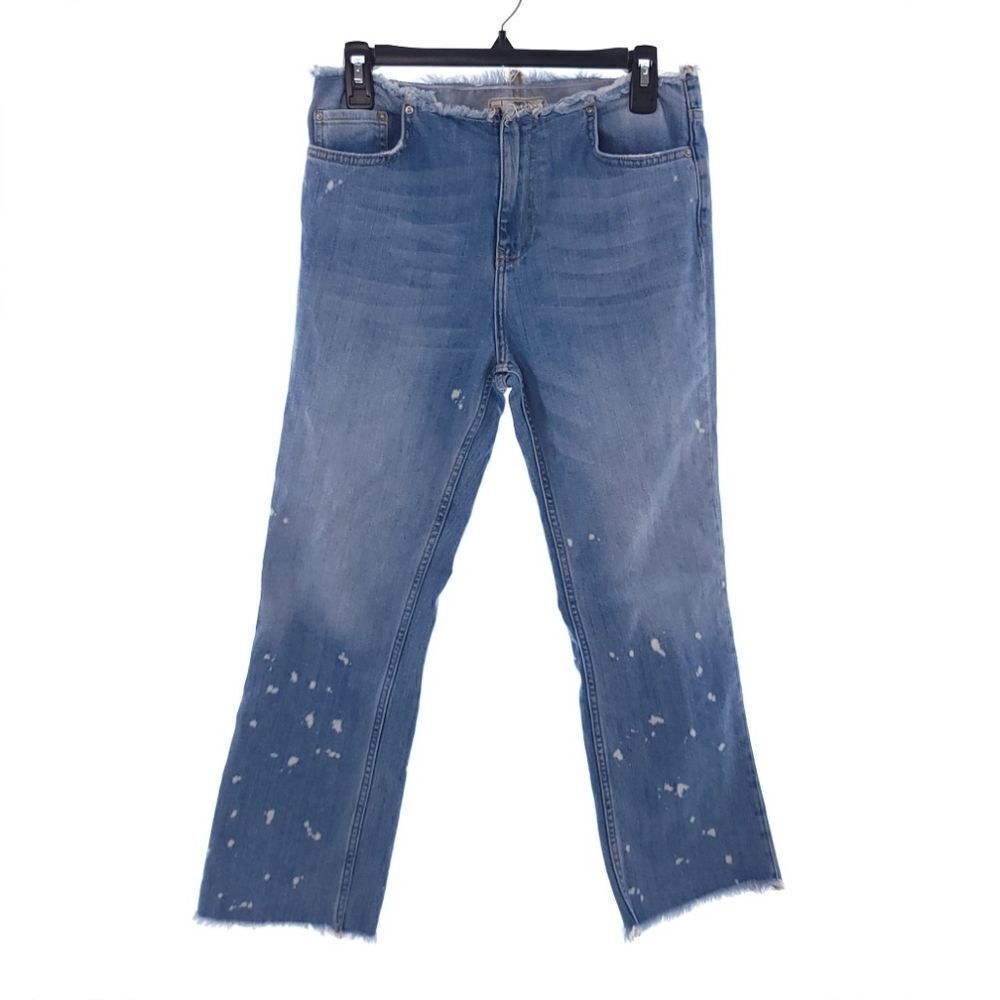 Free People The Cropped Bootcut Jeans denim Raw Waistband Bleach Spots